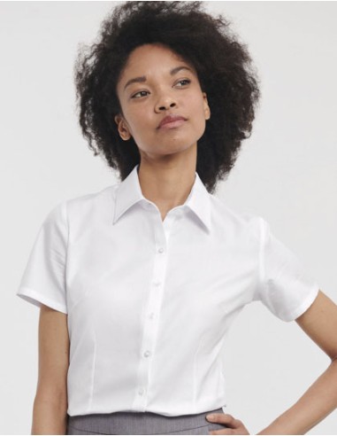 RUS-0R963F0-Ladies' Short Sleeve Tailored Herringbone Shirt